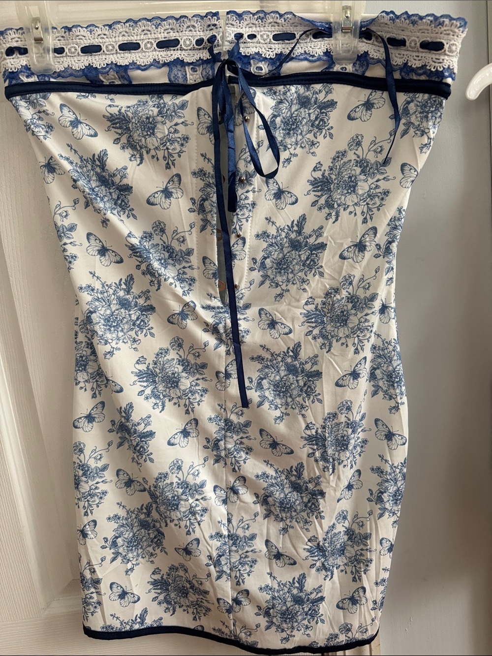 White and Blue Floral Butterfly Strapless Dress